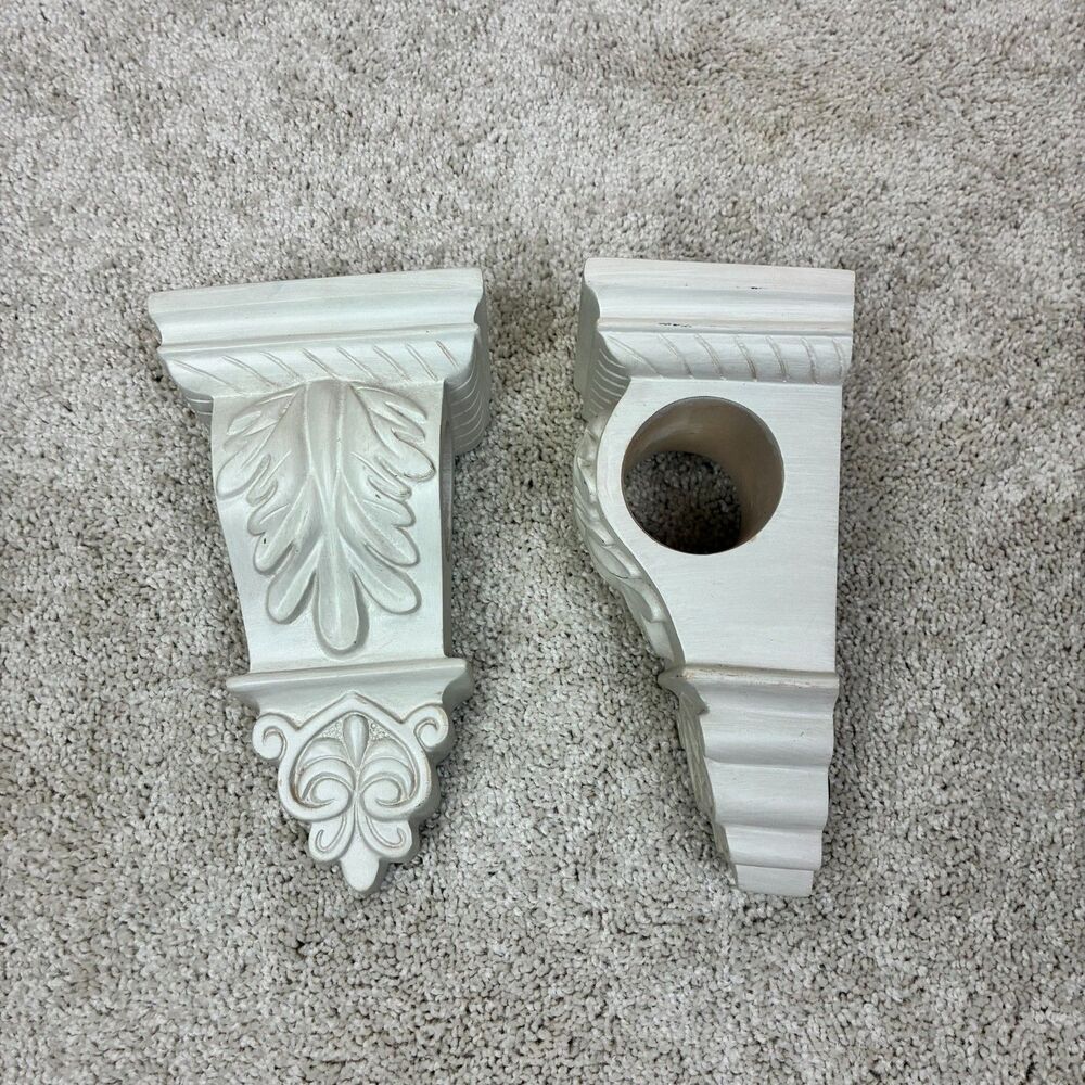 Vintage Pair Architectural Corbel White Acanthus Leaf Drapery, Swag Rod Holders